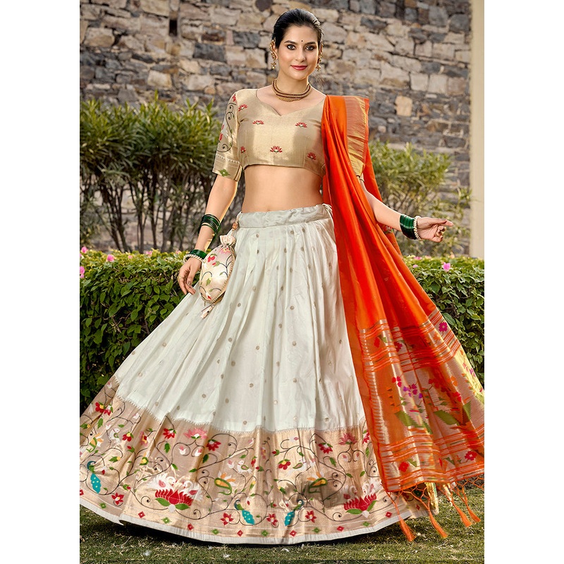 3 Pc White Silk Semi Stitched Lehenga Set - JD986605631