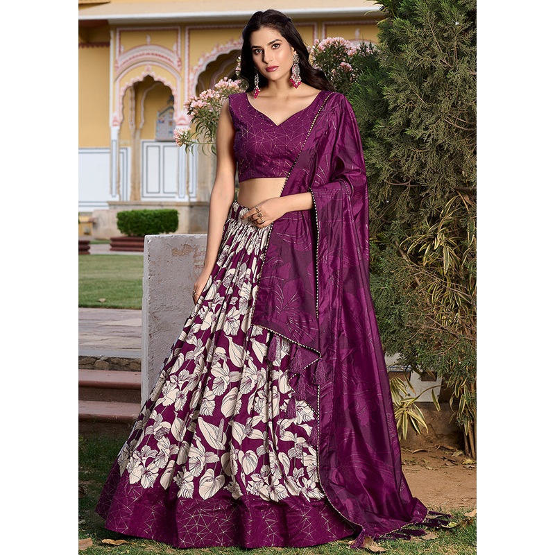 3 Pc Wine Silk Semi Stitched Lehenga Set - JD986605629