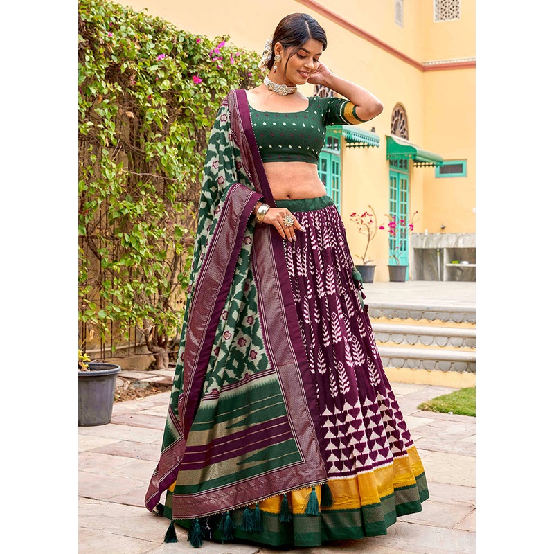 3 Pc Wine Silk Semi Stitched Lehenga Set - JD986605630