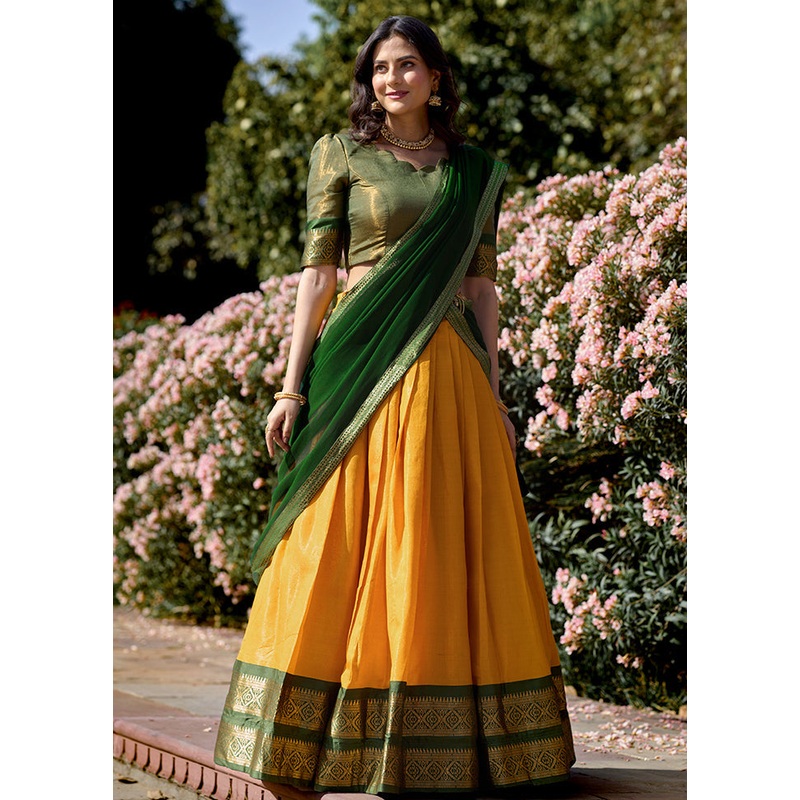 3 Pc Yellow Silk Semi Stitched Lehenga Set - JD986605627
