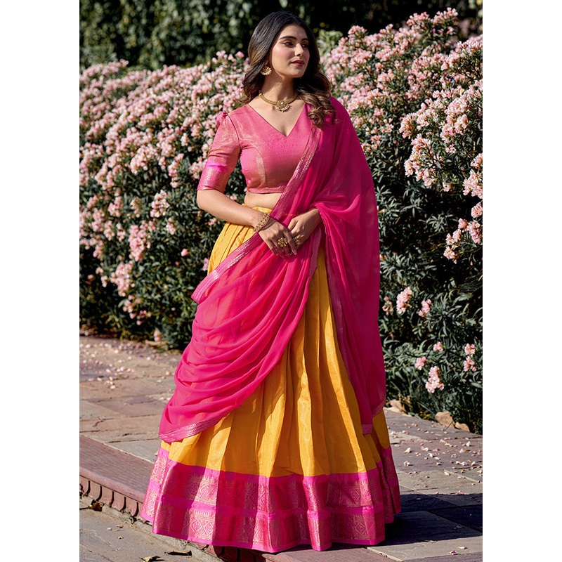 3 Pc Yellow Silk Semi Stitched Lehenga Set - JD986605628