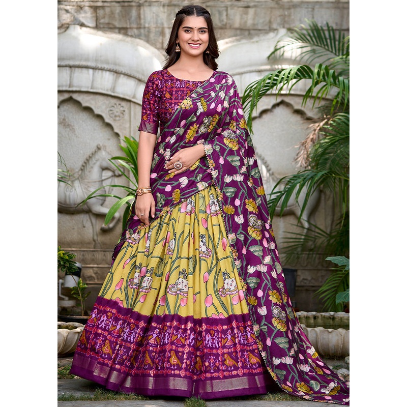 3 Pc Yellow Silk Semi Stitched Lehenga Set - JD986605667