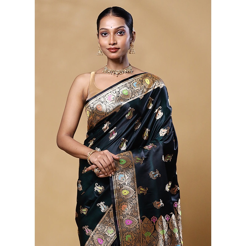 Black Banarasi Silk Saree With Blouse Piece - JD986605582