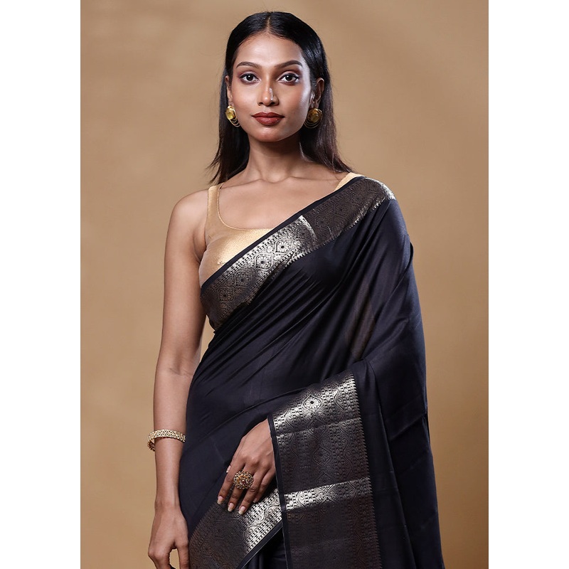 Black Dupion Silk Saree With Blouse Piece - JD986605581