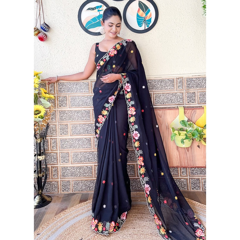 Black Georgette Saree With Blouse Piece - JD986605527