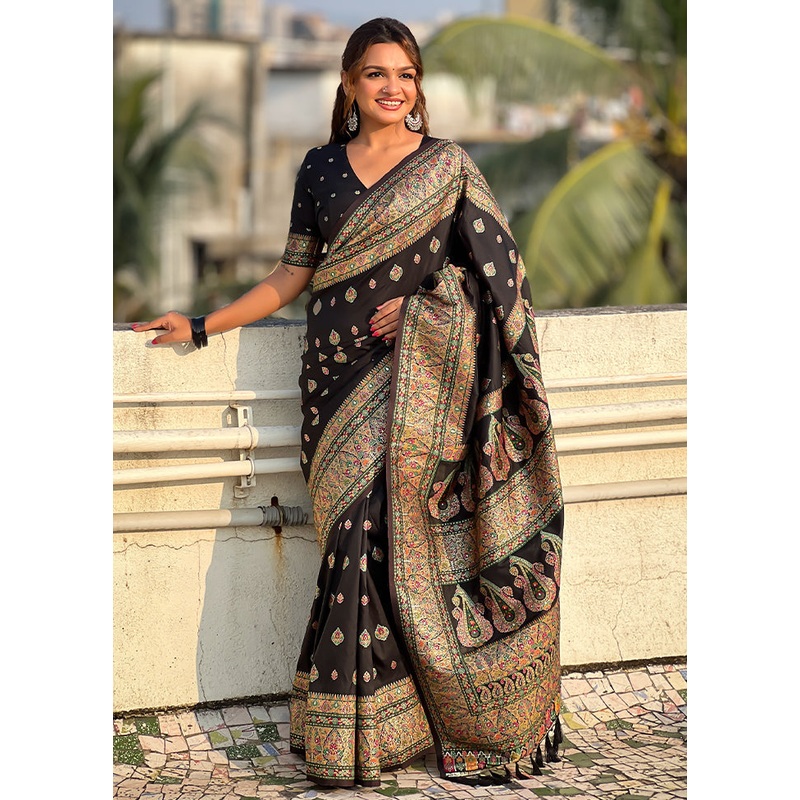 Black Pasmina Silk Saree With Blouse Piece - JD986605526