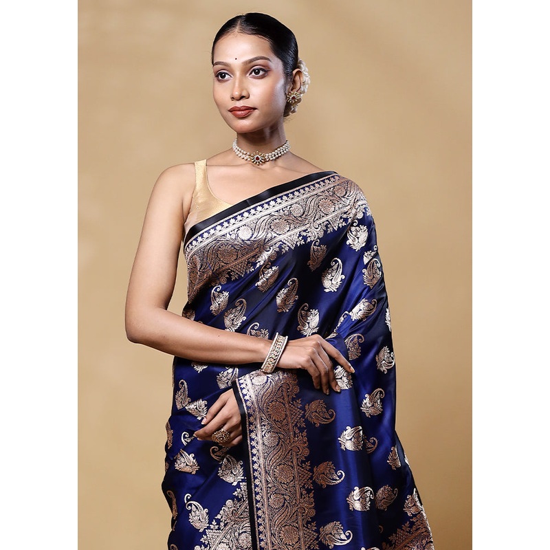 Blue Banarasi Silk Saree With Blouse Piece - JD986605574