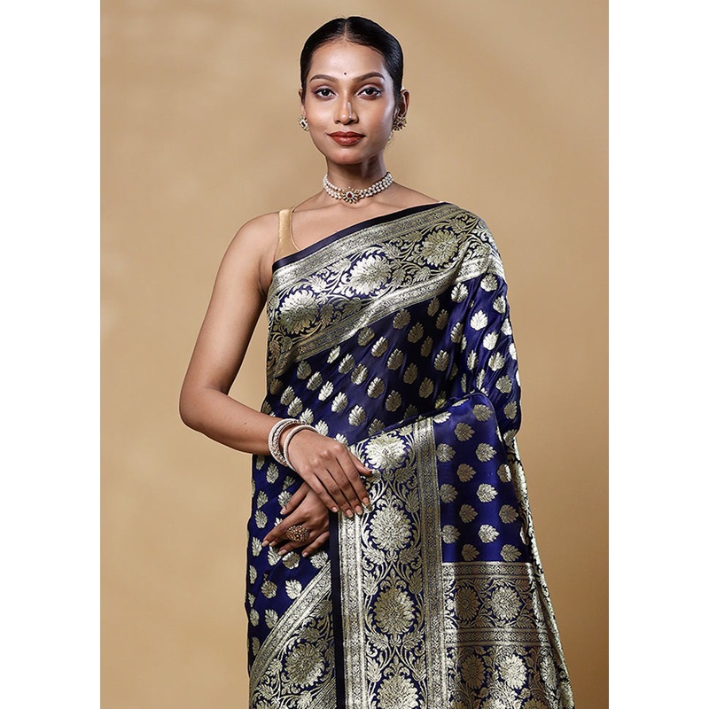 Blue Banarasi Silk Saree With Blouse Piece - JD986605575