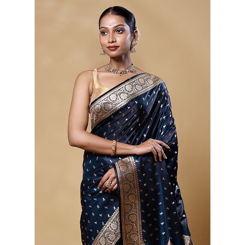 Blue Banarasi Silk Saree With Blouse Piece - JD986605576