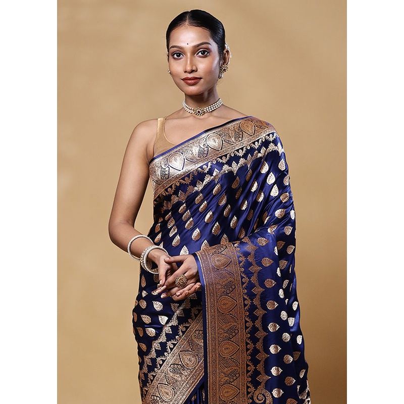 Blue Banarasi Silk Saree With Blouse Piece - JD986605577