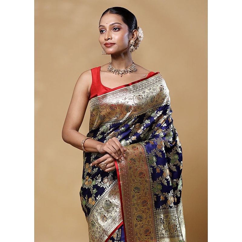 Blue Banarasi Silk Saree With Blouse Piece - JD986605580