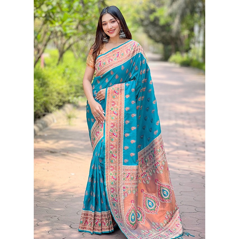 Blue Dupion Silk Saree With Blouse Piece - JD986605524