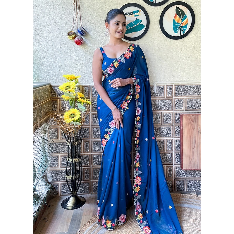 Blue Georgette Saree With Blouse Piece - JD986605523