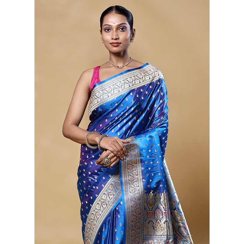 Blue Handloom Banarasi Pure Silk Saree With Blouse Piece - JD986605572
