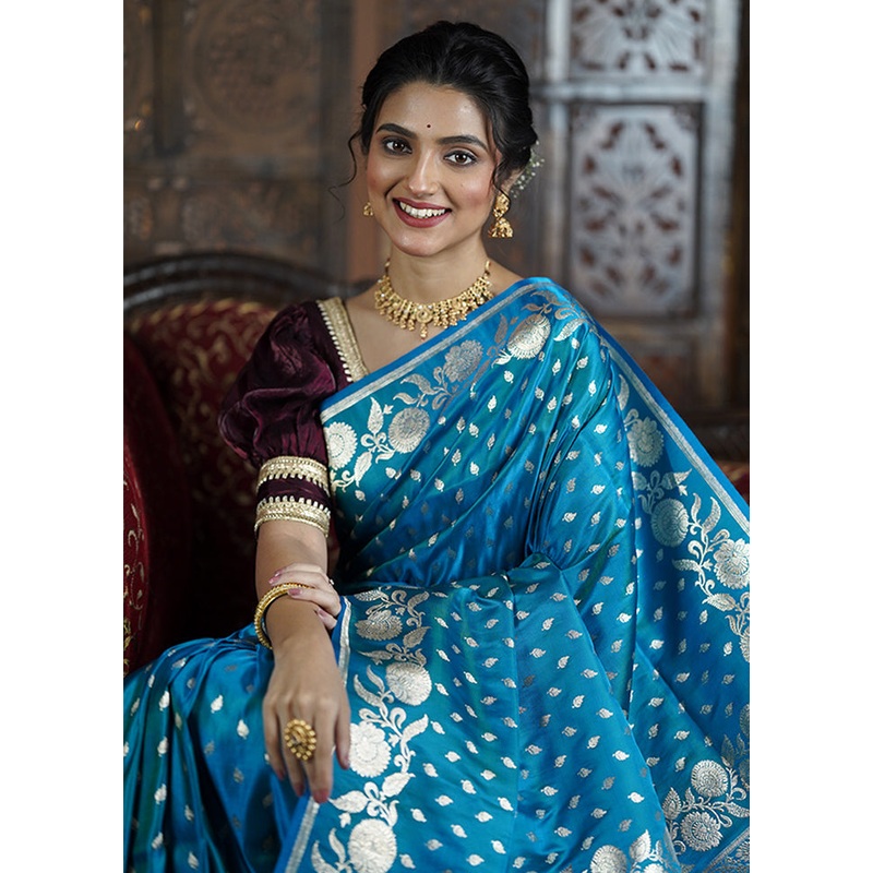 Blue Handloom Banarasi Pure Silk Saree With Blouse Piece - JD986605623