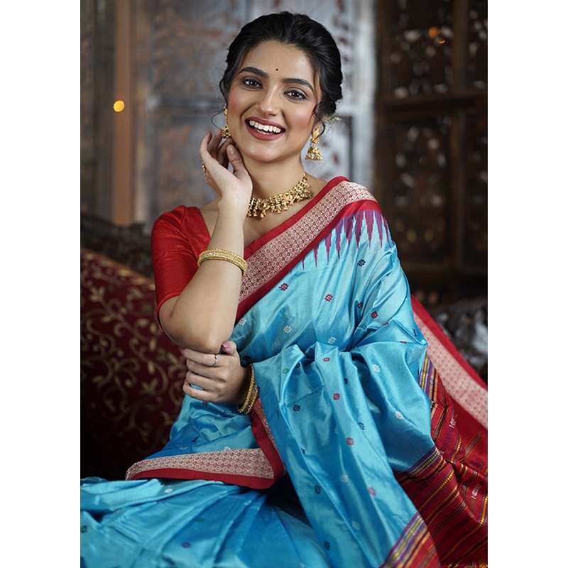 Blue Handloom Bomkai Pure Silk Saree With Blouse Piece - JD986605622