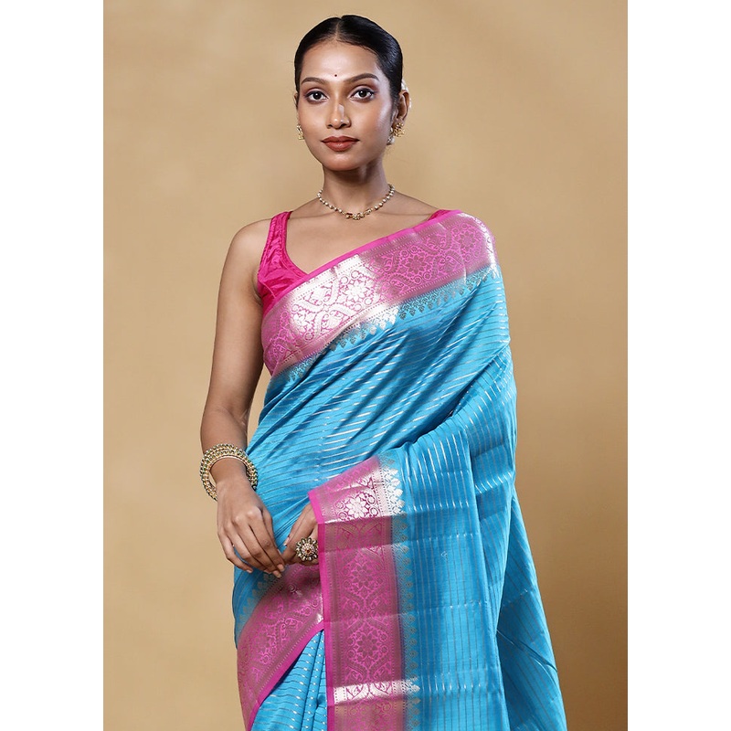 Blue Handloom Dupion Pure Silk Saree With Blouse Piece - JD986605571