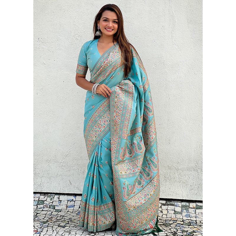 Blue Pasmina Silk Saree With Blouse Piece - JD986605522