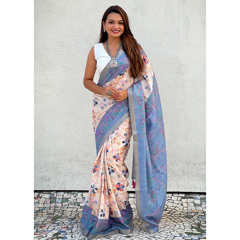Blue Tussar Silk Saree With Blouse Piece - JD986605519