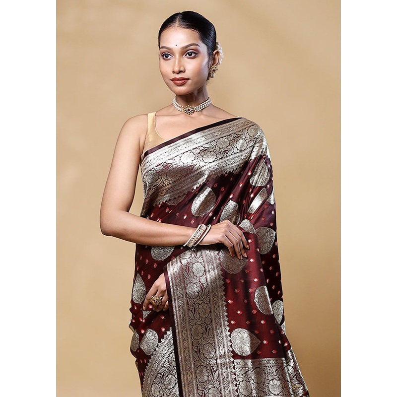 Brown Banarasi Silk Saree With Blouse Piece - JD986605568