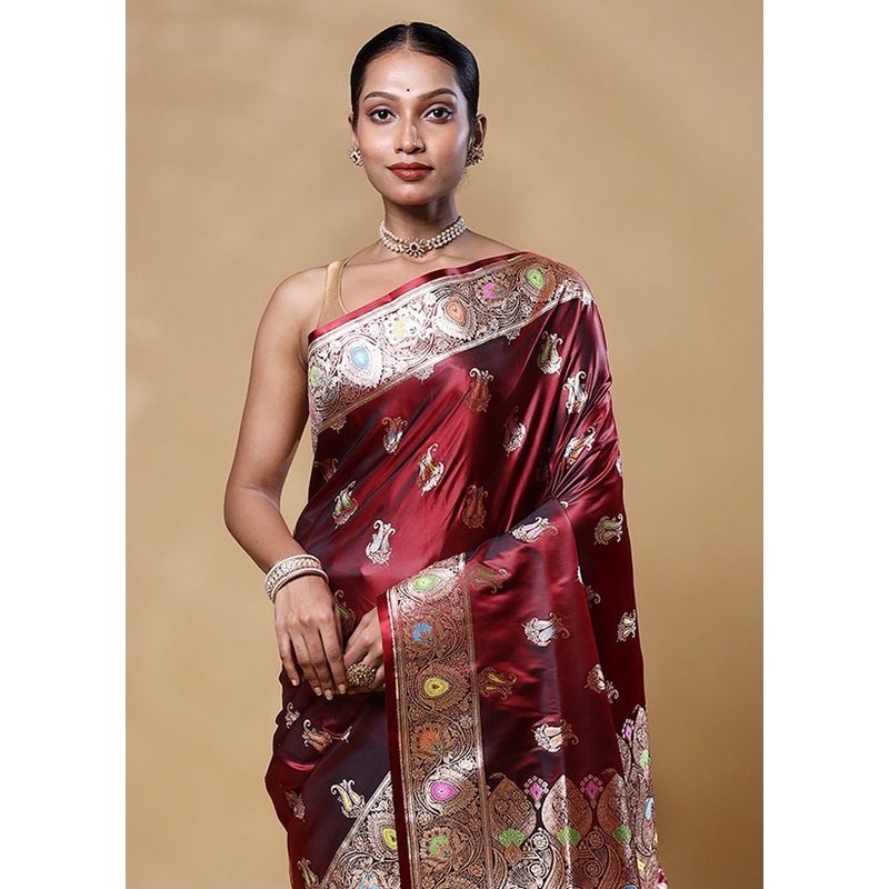 Brown Banarasi Silk Saree With Blouse Piece - JD986605569