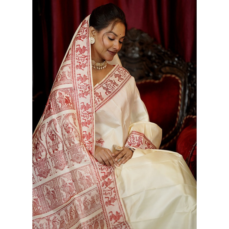 Cream Handloom Baluchari Pure Silk Saree With Blouse Piece - JD986605618