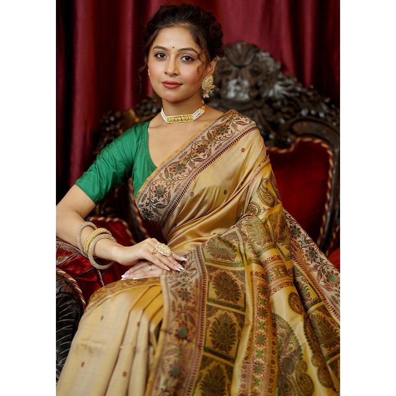 Cream Handloom Baluchari Pure Silk Saree With Blouse Piece - JD986605619