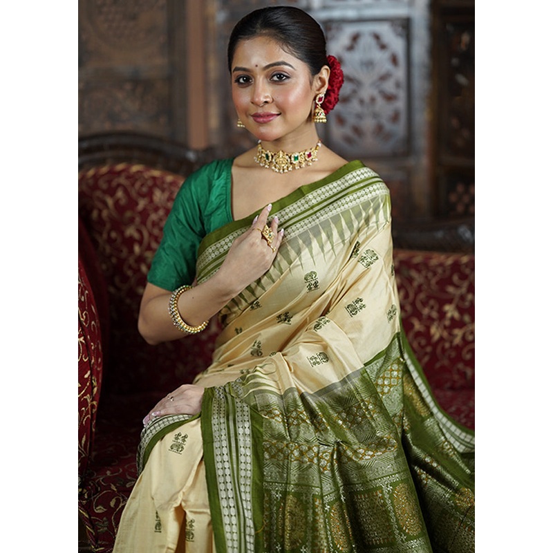 Cream Handloom Bomkai Pure Silk Saree With Blouse Piece - JD986605617