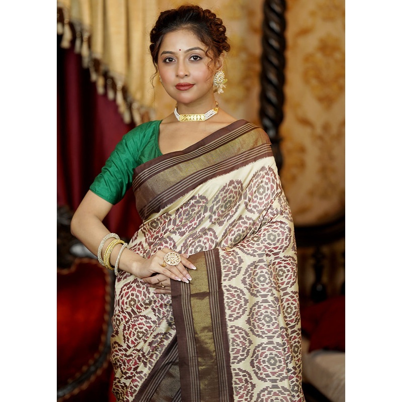 Cream Handloom Ikkat Pure Silk Saree With Blouse Piece - JD986605616