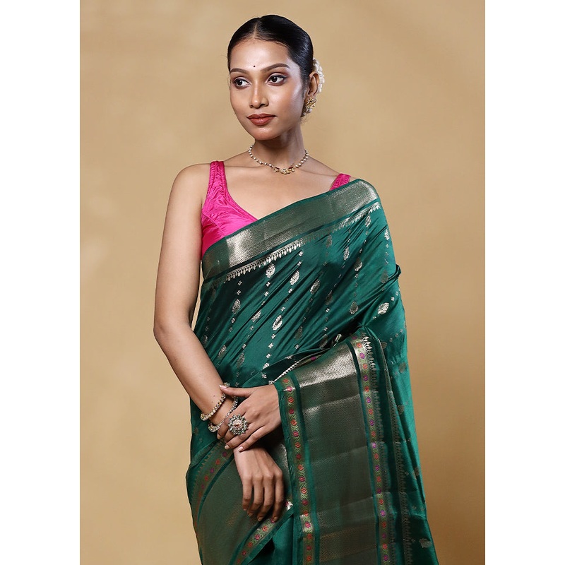 Green Handloom Dupion Pure Silk Saree With Blouse Piece - JD986605566