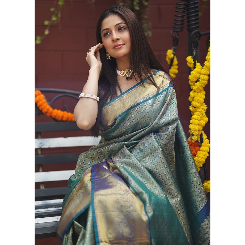 Green Handloom Kanchipuram Pure Silk Saree With Blouse Piece - JD986605611