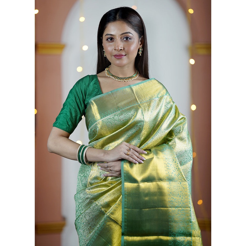 Green Handloom Kanchipuram Pure Silk Saree With Blouse Piece - JD986605612