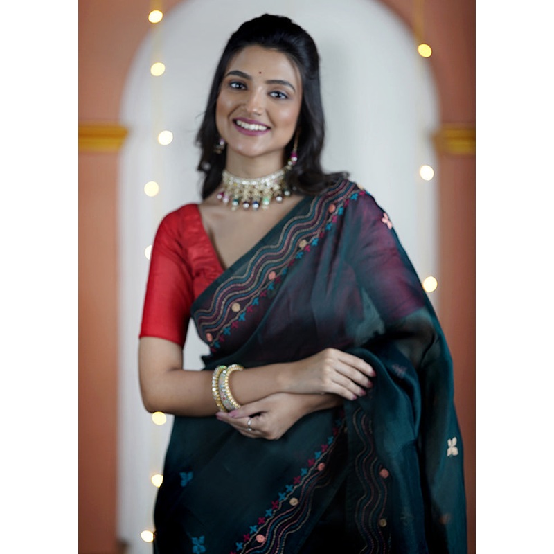 Green Handloom Pure Organza Saree With Blouse Piece - JD986605609