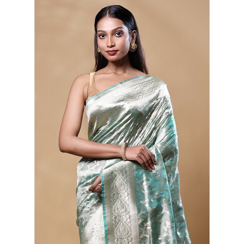 Green Tissue Silk Saree With Blouse Piece - JD986605560