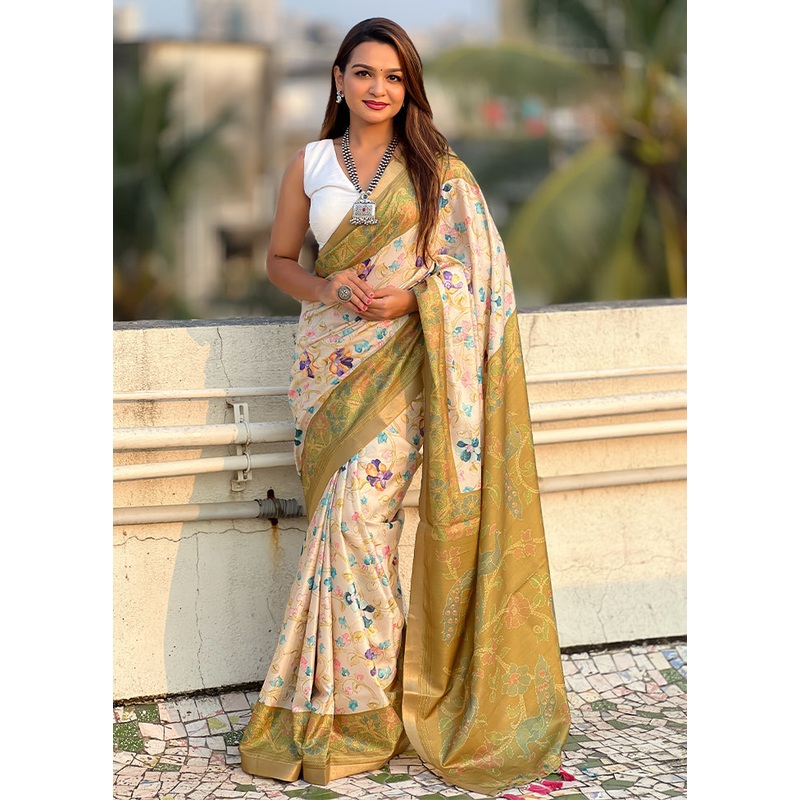 Green Tussar Silk Saree With Blouse Piece - JD986605513