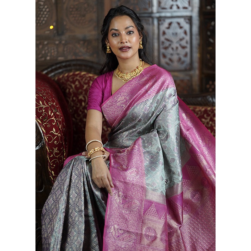 Grey Handloom Kanchipuram Pure Silk Saree With Blouse Piece - JD986605610