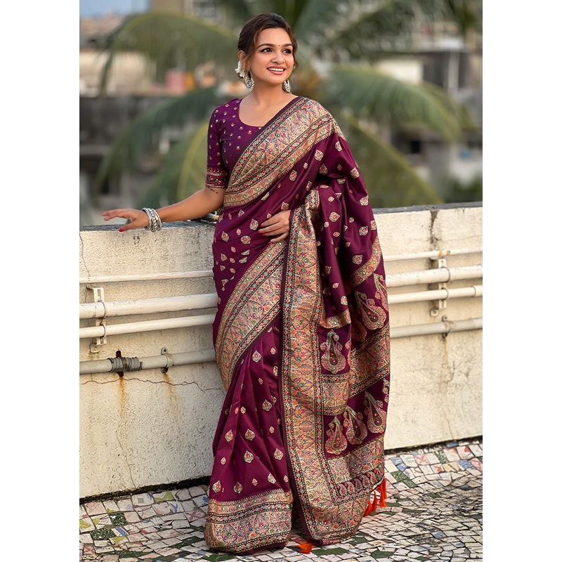 Magenta Pasmina Silk Saree With Blouse Piece - JD986605510