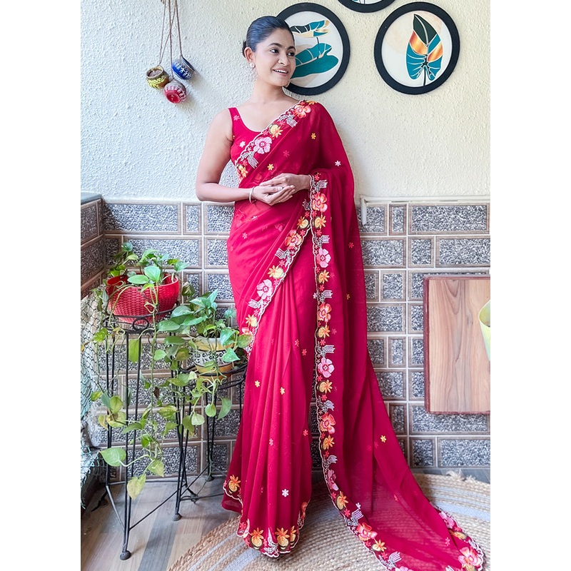 Maroon Georgette Saree With Blouse Piece - JD986605509