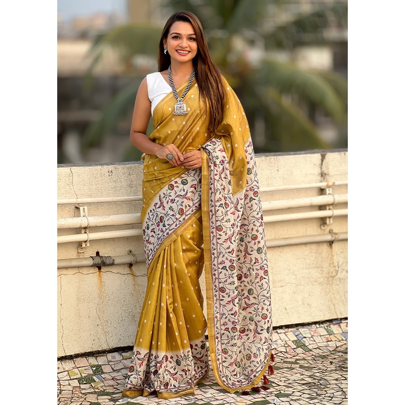 Mustard Spun Silk Saree With Blouse Piece - JD986605508