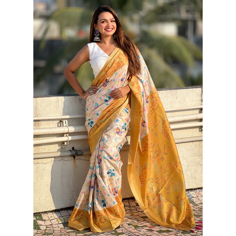 Mustard Tussar Silk Saree With Blouse Piece - JD986605507