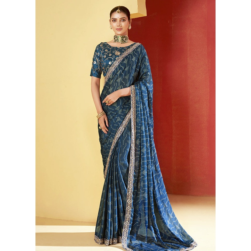 Navy Blue Chiffon Silk Saree With Blouse Piece - JD986605506