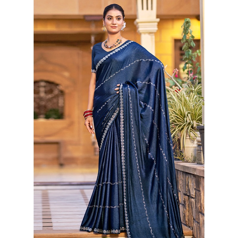 Navy Blue Chiffon Silk Saree With Blouse Piece - JD986605586