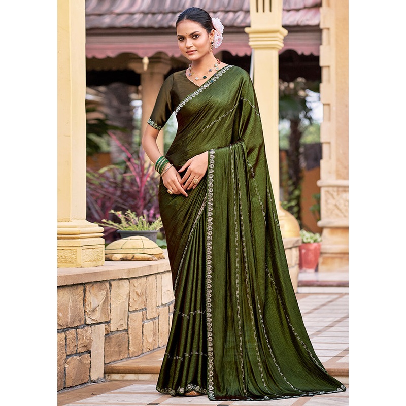 Olive Green Chiffon Silk Saree With Blouse Piece - JD986605585