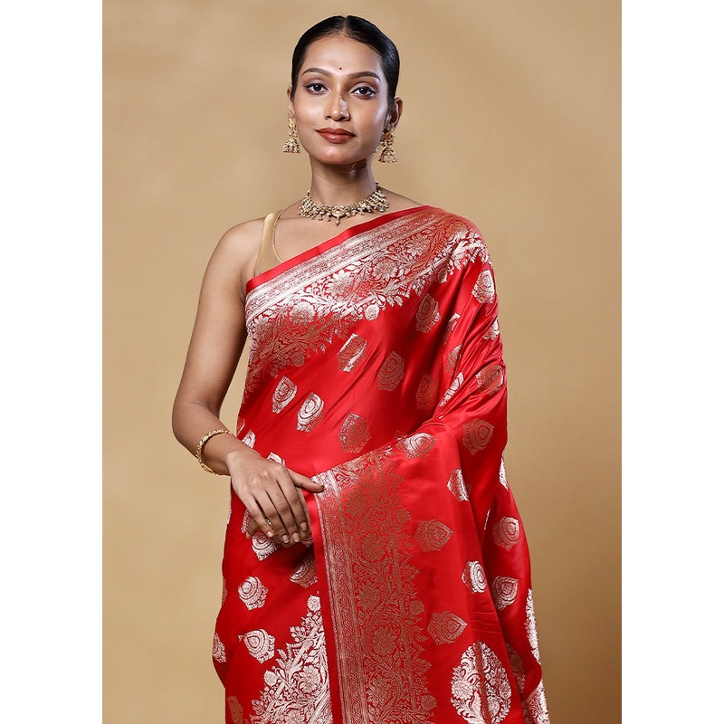 Orange Banarasi Silk Saree With Blouse Piece - JD986605552