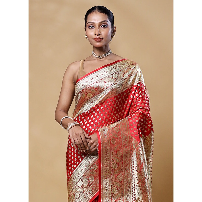 Orange Banarasi Silk Saree With Blouse Piece - JD986605553