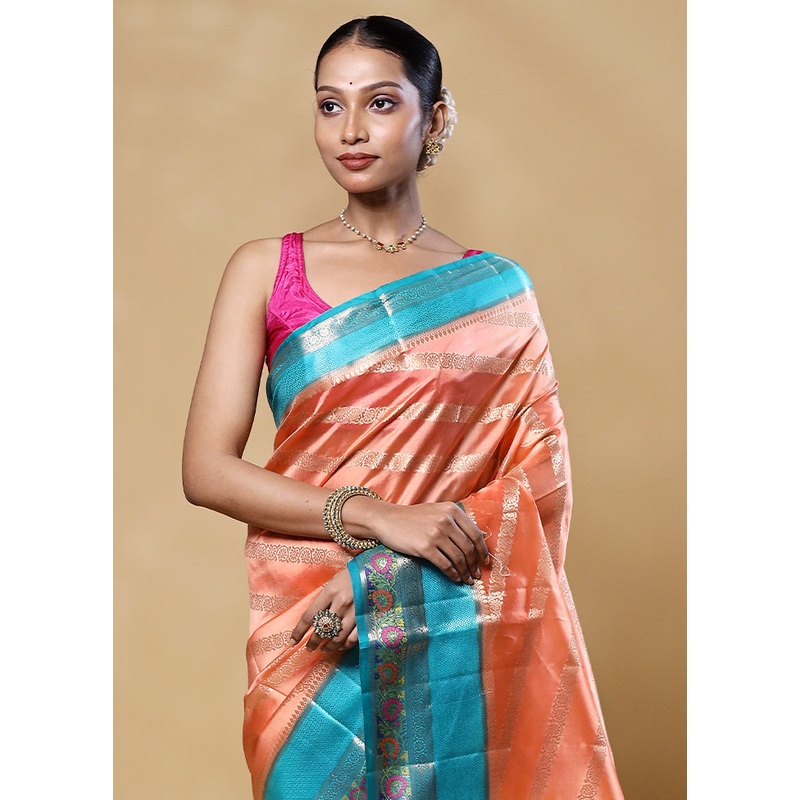 Orange Handloom Dupion Pure Silk Saree With Blouse Piece - JD986605551