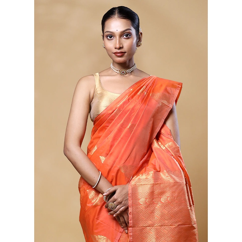 Orange Kanjivaram Silk Saree With Blouse Piece - JD986605550