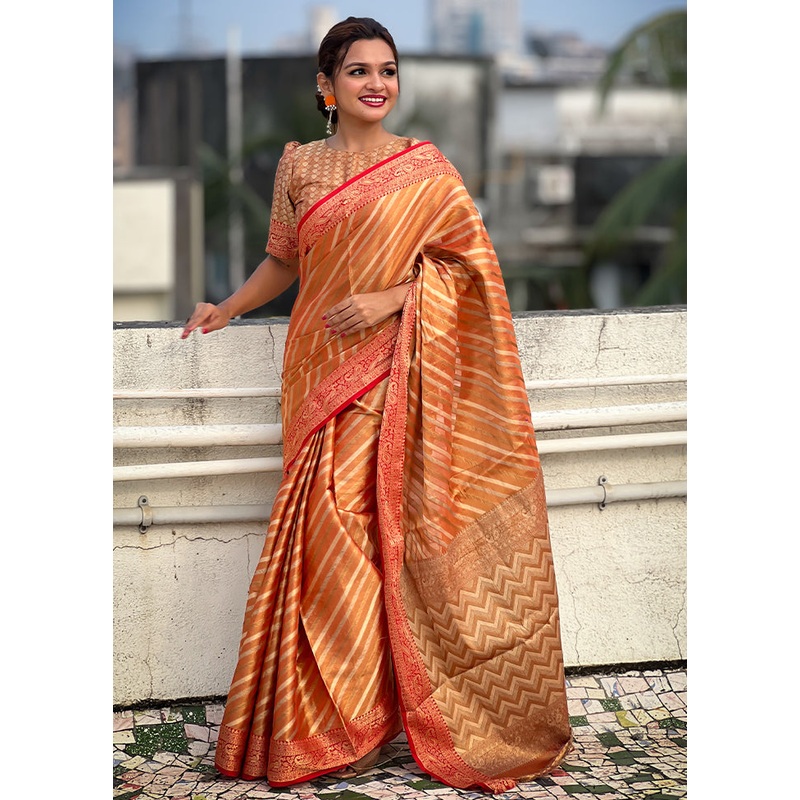 Orange Spun Silk Saree With Blouse Piece - JD986605505