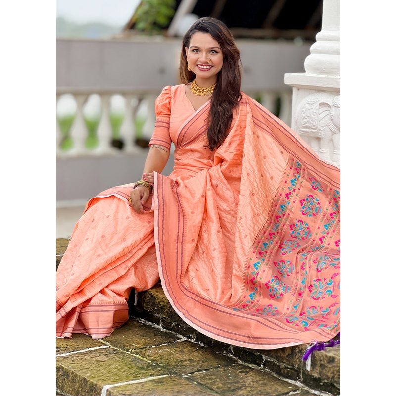 Peach Dupion Silk Saree With Blouse Piece - JD986605504