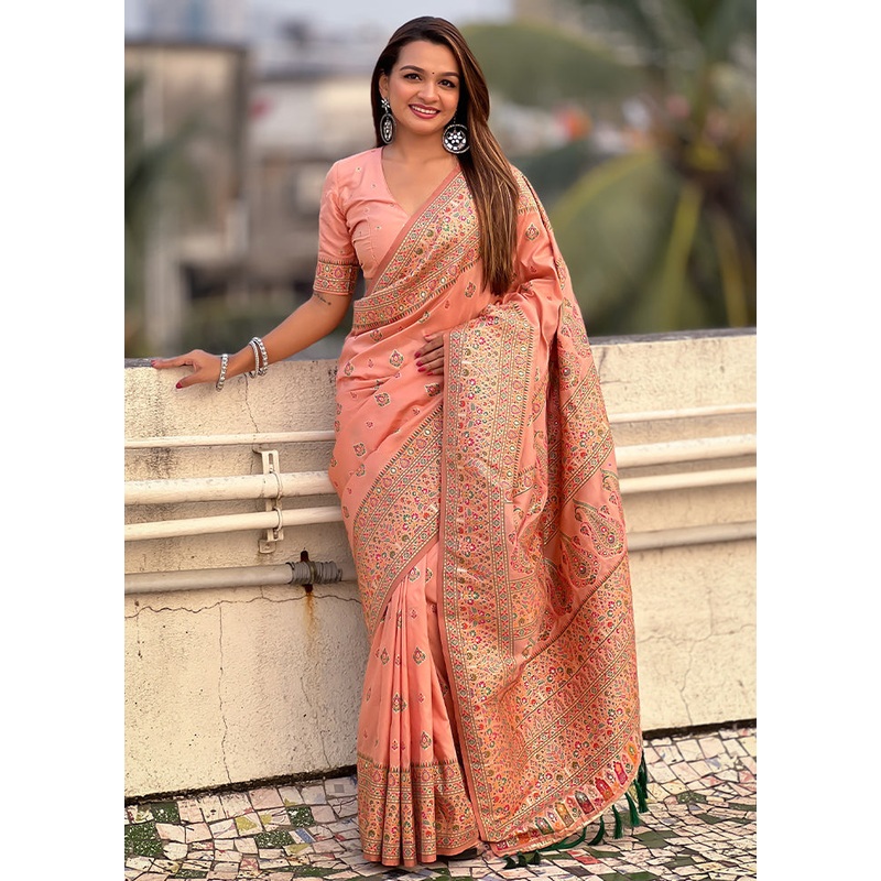 Peach Pasmina Silk Saree With Blouse Piece - JD986605503